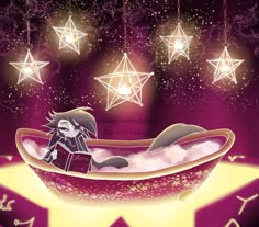 a cartoon character sitting in a bathtub with stars above it and the lights shining down on them