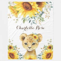 a baby lion with sunflowers on it's head and the name charlotte rose