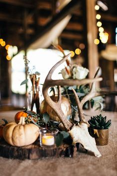 an antler head is sitting on top of a table with candles and succulents