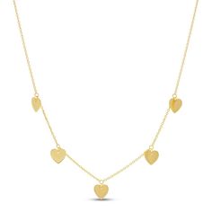 Hearts styled in 14K yellow gold dangle from a cable chain in this sweet choker necklace for her. The necklace adjusts to 17 inches in length and secures with a lobster clasp. Dainty Necklace With Dangling Charms For Valentine's Day, Dainty Valentine's Day Necklace With Dangling Charms, Charm Choker Necklace, Heart Necklaces, Necklace For Her, Gold Heart Necklace, Dainty Bracelets, Accessories Jewelry Necklace, Dainty Earrings