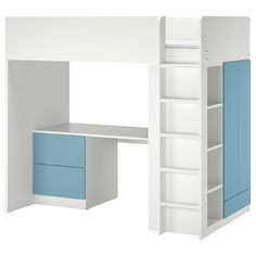 a white and blue loft bed next to a desk with shelves on each side, against a white background