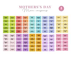 the mother's day calendar is shown in different colors