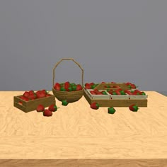 an animated image of strawberries in baskets and apples on a table with grey background