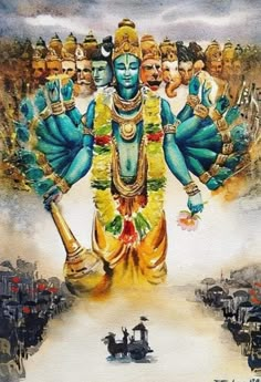 an artistic painting of lord ganesha with his four avatars in the background