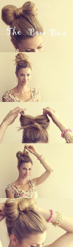 bow top bun. not that I EVER wear my hair up. but this is so super cute! Maybe i'll do it on my girls hair. :) Hair Bow Bun Tutorial, Hair Bow Bun, Bow Bun, Bun Tutorials, Top Bun, High Bun, Gorgeous Hair, Copic