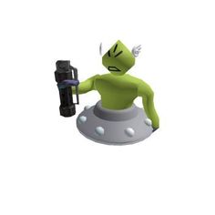 a cartoon character sitting on top of a spaceship holding a black object in his hand