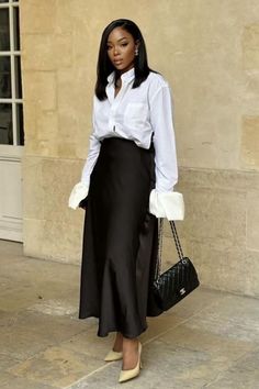 Black Skirt White Shirt Outfit Classy, Classy Nyc Aesthetic, Dress Shirt And Skirt Outfit, White Button Down Skirt Outfits, Black And White Corporate Outfits, Classy Outfits Black Women Casual, Old Money Outfits Skirt Long, Shirt And Trousers Women Classy, Old Money Outfits With Skirt