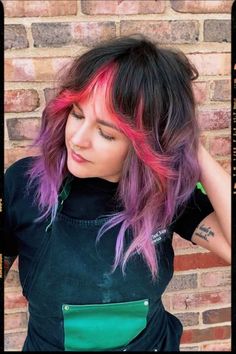 Top 25 Shag Haircuts Of All Lengths For Summer 2023 Shag Hairstyles With Color, Long Hair Funky Styles, Colored Shag Haircut, Split Dyed Shag Hair, Shag Hair Dye, Pink And Purple Color Block Hair, Vivid Hair Color Shag, Vivid Color Blocking Hair, Vivid Shag Hair