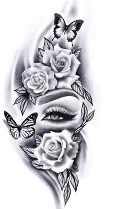 a tattoo with roses and butterflies on the side of her face, as well as a butterfly