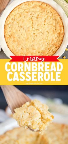 cornbread casserole on a white plate with a wooden spoon