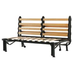 a wooden bench sitting on top of a metal frame with slatted backrests