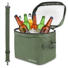 a cooler bag filled with beer bottles next to a strap