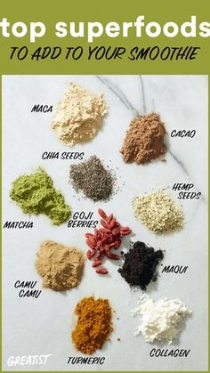 the top superfoods to add to your smoothie is shown in this poster