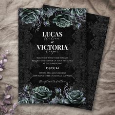 two black and white wedding cards with roses on them