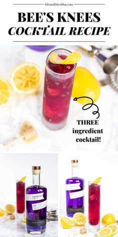 the ingredients for bee's knees cocktail are shown in three different pictures, including lemons and blueberries