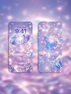 the back and front sides of a cell phone with diamonds on it, against a purple background