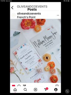 the wedding stationery is displayed on an instagramr with flowers and other items