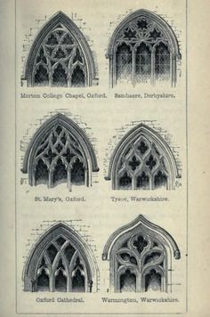 an old book with different types of windows and arches on it's pages, all in black ink