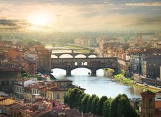 an aerial view of a bridge over a river in the middle of town with buildings around it