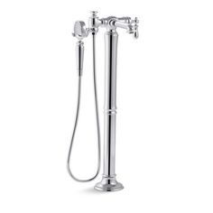 the shower head and handset are shown in polished chrome, with an adjustable hose