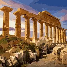 an artistic painting of the ancient greek city of paesta, with stone pillars