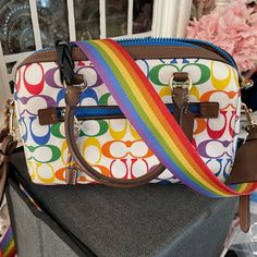 Ur Getting The Brand New One Still In The Plastic And Never Used With Tags. 10.5 X 7 X 5.5in. Perfect Condition. Rainbow Strap. Coach Rainbow Bag, Coach Multicolor Shoulder Bag With Detachable Strap, Multicolor Coach Shoulder Bag With Double Handle, Multicolor Coach Tote Shoulder Bag, Multicolor Coach Bag With Zipper Closure, Rainbow Accessories, Coach Bags, Blue Orange, Shoulder Bags