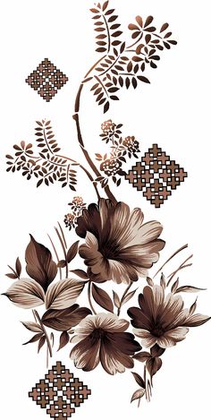 a drawing of flowers and leaves on a white background