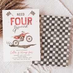 a card with an image of a dirt bike on it and the text need four speed