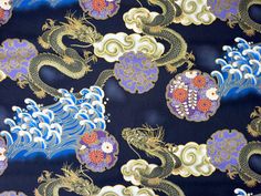 Enhance your sewing projects with this stunning Japanese cotton fabric. Featuring an intricate design of majestic dragons, dynamic waves, elegant floral medallions, and luxurious gold accents on a rich black background, this fabric is perfect for adding a touch of sophistication and beauty to any creation. Details: * Material: 100% high-quality Japanese cotton * Pattern: Dragons, waves, floral medallions, and gold accents * Background Colour: Black * Width: Approximately 110 cm (43 inches) * Wei Japanese Cotton, Gold Accents, Japanese Traditional, Black Backgrounds, Elegant Design, Colorful Backgrounds, Cotton Fabric, Sewing Projects, Japan