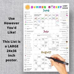 a hand holding a marker next to a calendar with the words, use however you'd like this list is a large 24x36 inch poster