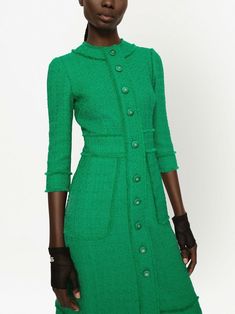 Dolce & Gabbana button-front crew-neck Dress - Farfetch Tweed Midi Dress, Elegant Silk Dresses, Short Green Dress, Tailored Clothes, Dolce Gabbana Dress, Fabulous Clothes, Satin Midi Skirt, Crewneck Dress, Dolce E Gabbana