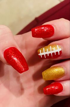 red and gold nails/football Chiefs Inspired Nails, Kansas City Nails, Chief Nails Kansas City, Kansas City Chiefs Superbowl Food, Kansas City Chiefs Nails Designs, Chief Nails, 49ers Nails Designs, Chiefs Nail Designs, Kansas City Chiefs Nails