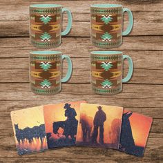 HiEnd Accents Mesa Southwestern Mug & Cowboy Sunset Coaster Set LF3005K1 Turquoise Hand Painted Coasters Western Turquoise, Cute Western Custom Mugs, Southwest Shower Curtain, Cowboy Sunset, Cowboy And Horse, Earthy Palette, Cowboy Design, Teal Accents, Horse Silhouette