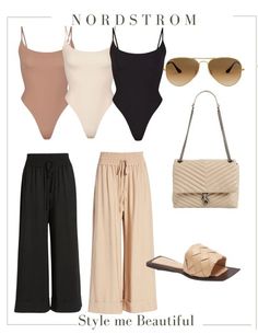 Summer Outfits Neutral Colors, Spa Day Outfit Summer, Loose Summer Pants, How To Style Loose Pants, Neutral Vacation Outfit, Nude Summer Outfit, Nude Sandals Outfit, Nude Color Outfits, Nice Summer Outfits