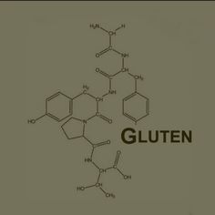 the structure of gluten is shown on a gray background with an orange and white border