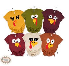 four different colored shirts with cartoon turkey faces on the front and one in the back