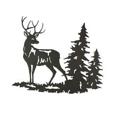 a paper cut out of a deer standing in the woods next to some pine trees