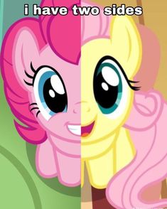 pinkie and flutter face to face with the caption that says, i have two sides