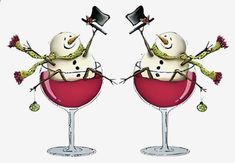 two snowmen sitting on top of wine glasses