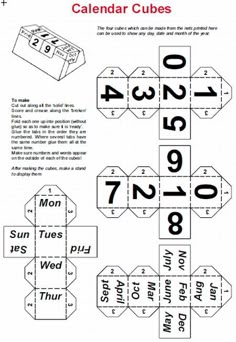 the printable calendar cube is shown with numbers and times