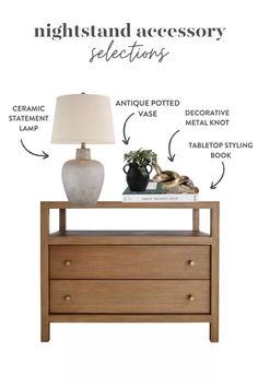 an image of a night stand with accessories labeled on the top and bottom drawers below