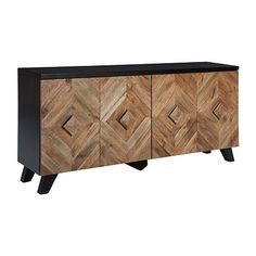 the sideboard is made out of wood and has black metal legs, which are accented with geometric designs