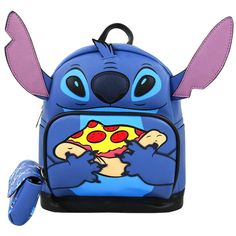 a blue backpack with a cartoon character on the front and back pocket, one side has a slice of pizza in it