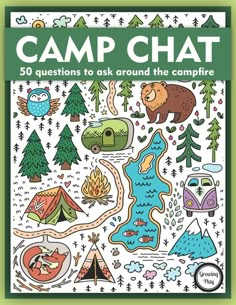 the book cover for camp chat, with an image of camping related items and trees