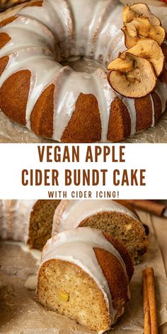 a close up of a bundt cake with icing and apples in the background