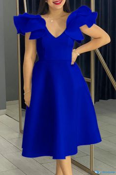 OrcaJump - Chic Pleated Midi Dress with V Neckline and Ruffle Detail Cut Clothes, Line Dresses, Two Piece Jumpsuit, A Line Dresses, Royal Blue Dresses, Cardigan Sweater Dress, Maxi Robes, Long Sleeve Short Dress, Midi Dress With Sleeves