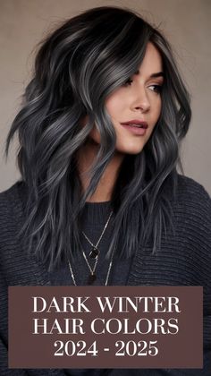 Discover Dark Winter Hair Colors 2024 - 2025 with a palette that’s perfect for brunettes and blondes alike. Ideas for brunettes include balayage with brown roots for a natural look, while bright highlights add dimension. These trendy colors suit various skin tones, making them ideal for cold winter days. This winter palette is full of clear, rich tones that elevate any look. Darkest Hair Color, Highlights For Black Hair Brown Skin, 6 Ash Hair Color, Blonde Dark Brown Hair, Smoky Ash Hair, Brown And Golden Hair, Dark Color Hair Ideas Brunettes, Dark Hair Gray Coverage, Cool Hair Colors For Women