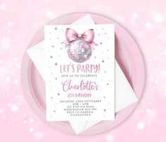 a pink and white party card with a disco ball on it