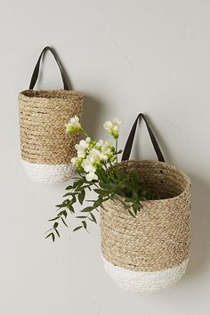 two baskets hanging on the wall with flowers in them and one is holding a plant