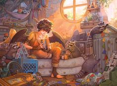 a painting of a woman sitting on a bed surrounded by toys and other items in a room